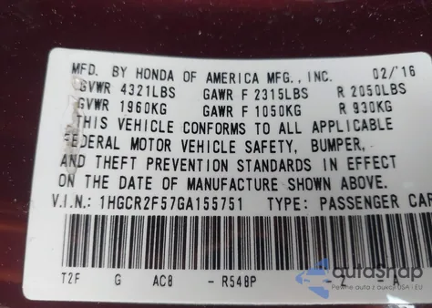 2016 Honda Accord Sport from USA, damaged, VIN 1HGCR2F57GA155751